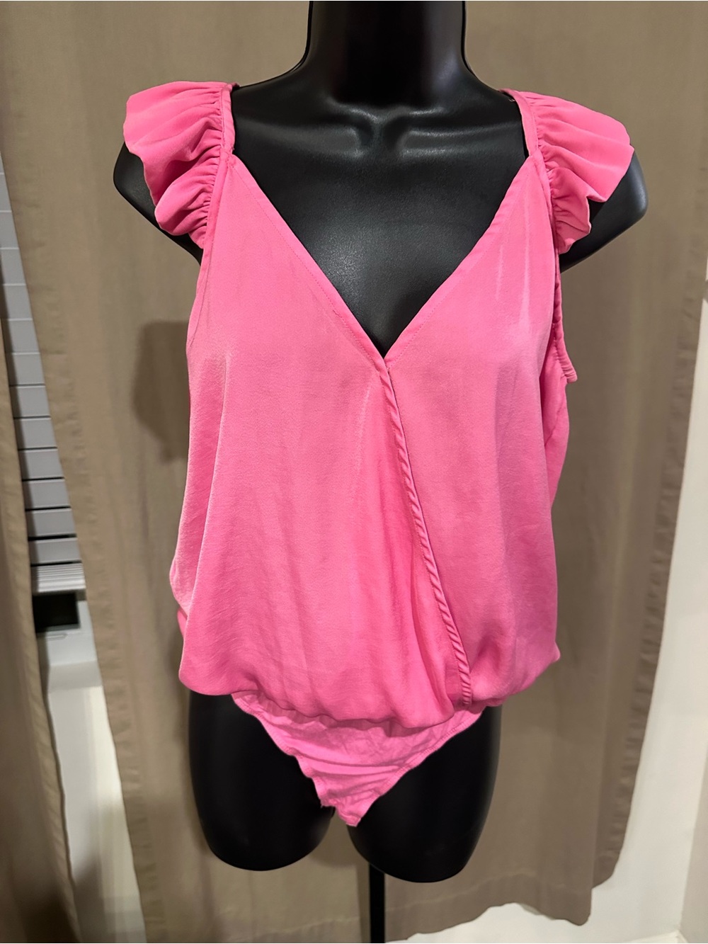 Anna Grace Pink V-Neck Ruffle Strap Bodysuit
